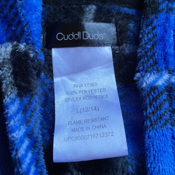 Kids Cuddl Duds hooded fleece robe with 2 front pockets size large blue plaid - Picture 6 of 15